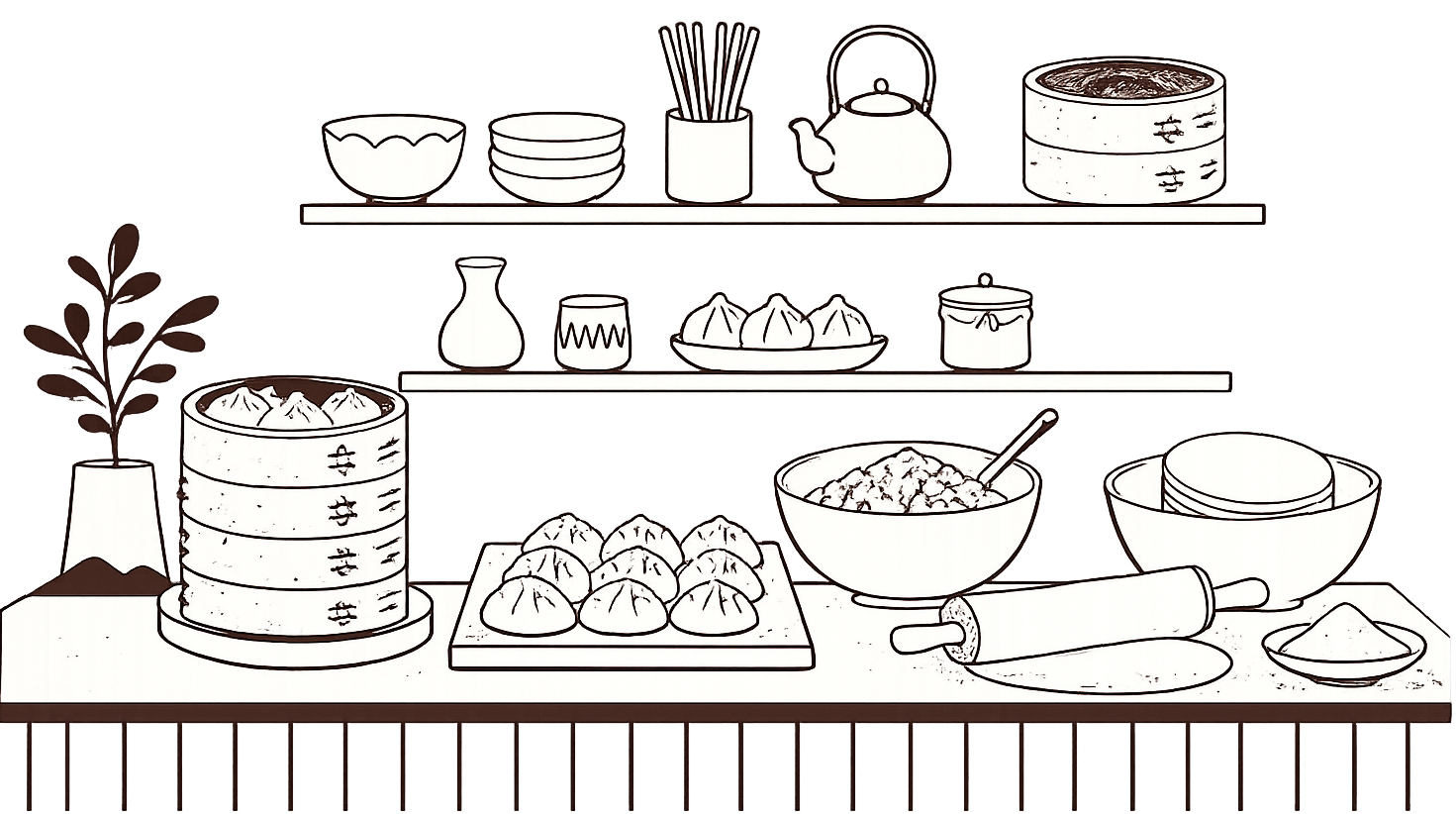 An illustrated dumpling station